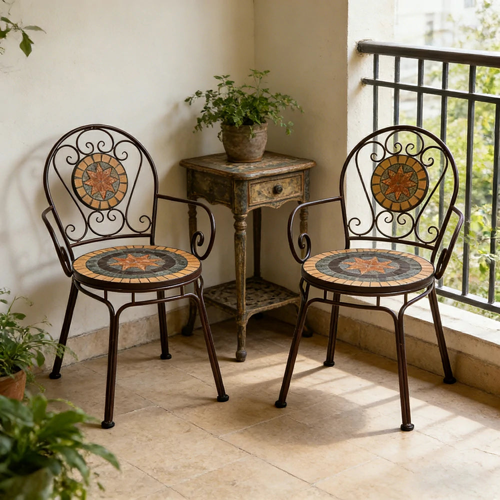 SOLARA Outdoor Armchairs Set of 2 - Weather Resistant Patio Armchairs with Decorative Tile Seat and Heavy Duty Steel Frame - Brown