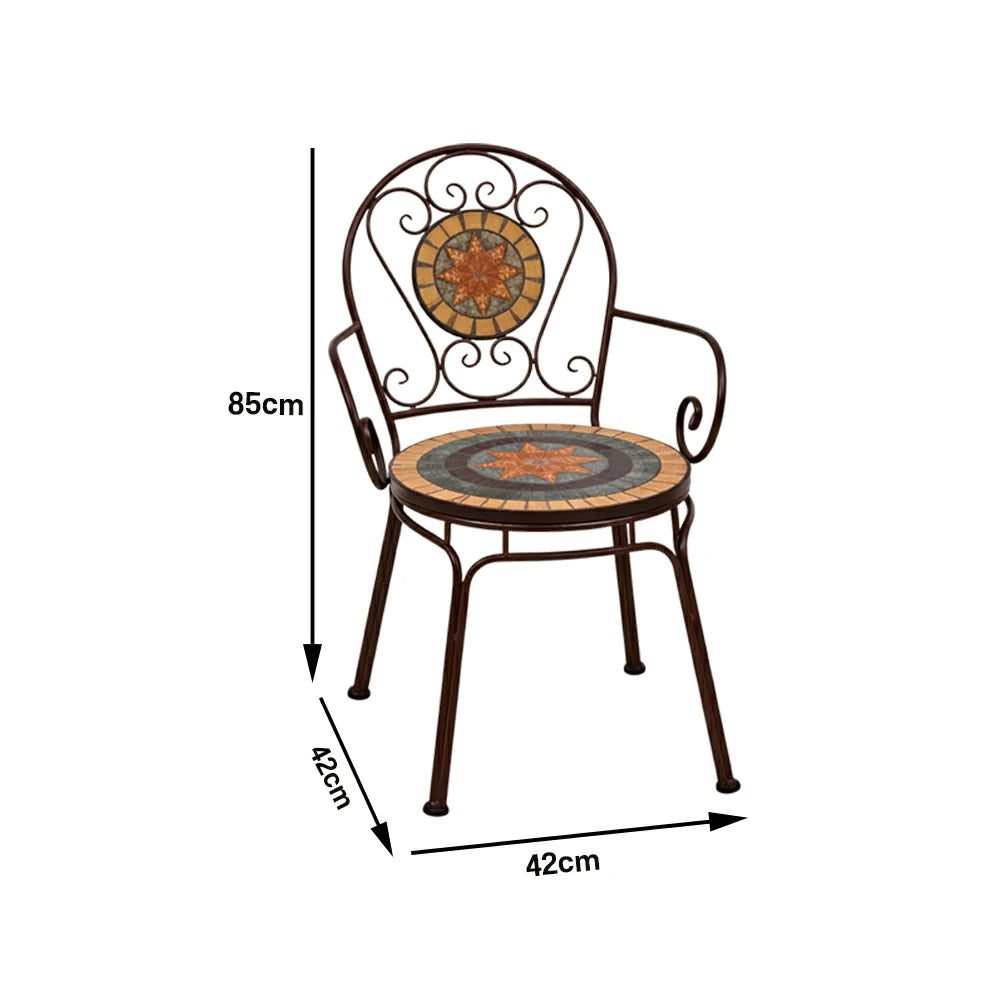 SOLARA Outdoor Armchairs Set of 2 - Weather Resistant Patio Armchairs with Decorative Tile Seat and Heavy Duty Steel Frame - Brown