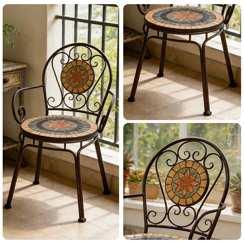 SOLARA Outdoor Armchairs Set of 2 - Weather Resistant Patio Armchairs with Decorative Tile Seat and Heavy Duty Steel Frame - Brown
