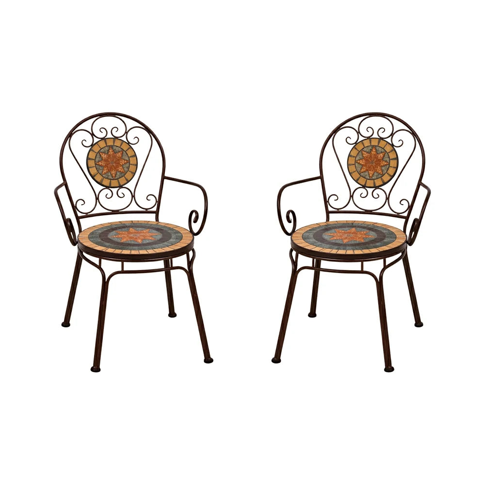 SOLARA Outdoor Armchairs Set of 2 - Weather Resistant Patio Armchairs with Decorative Tile Seat and Heavy Duty Steel Frame - Brown