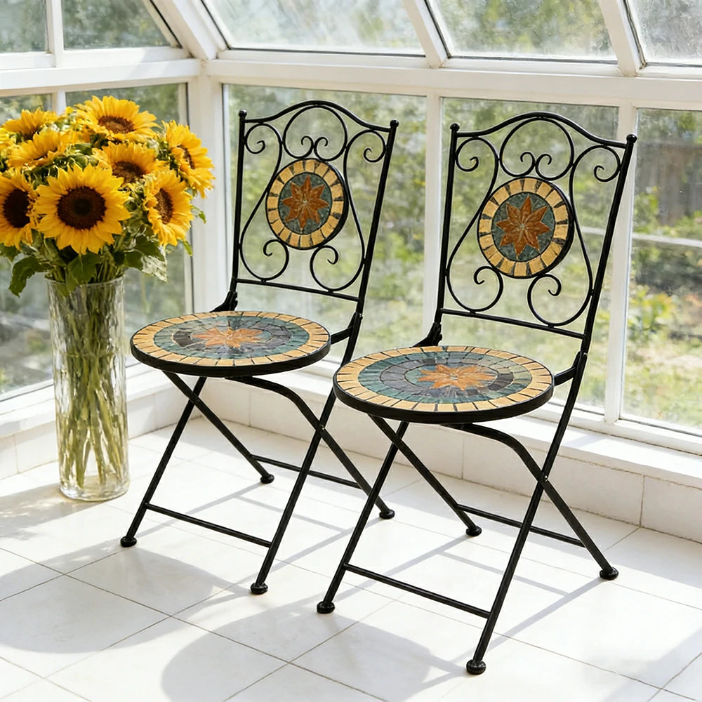 SOLARA Outdoor Folding Chairs Set of 2 - Weather Resistant Patio Armchairs with Decorative Tile Seat and Heavy Duty Steel Frame - Black