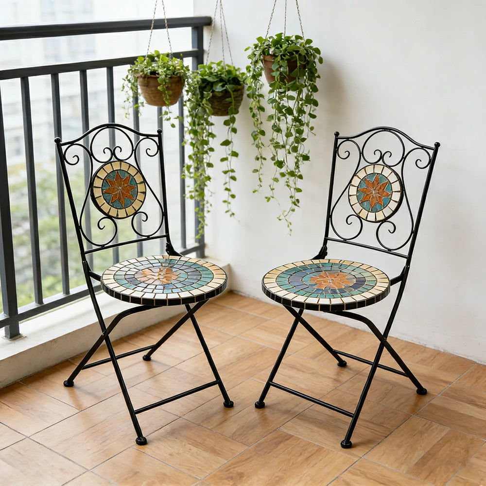 SOLARA Outdoor Folding Chairs Set of 2 - Weather Resistant Patio Armchairs with Decorative Tile Seat and Heavy Duty Steel Frame - Black