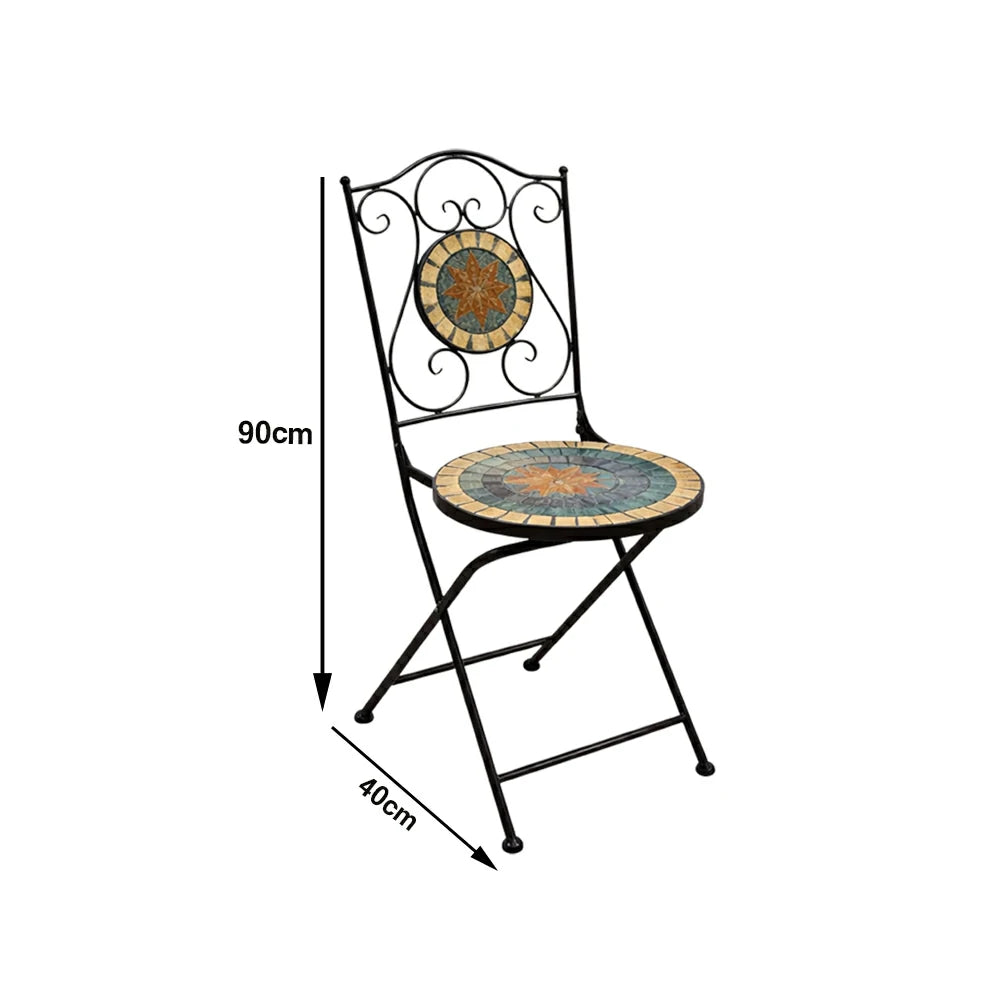 SOLARA Outdoor Folding Chairs Set of 2 - Weather Resistant Patio Armchairs with Decorative Tile Seat and Heavy Duty Steel Frame - Black
