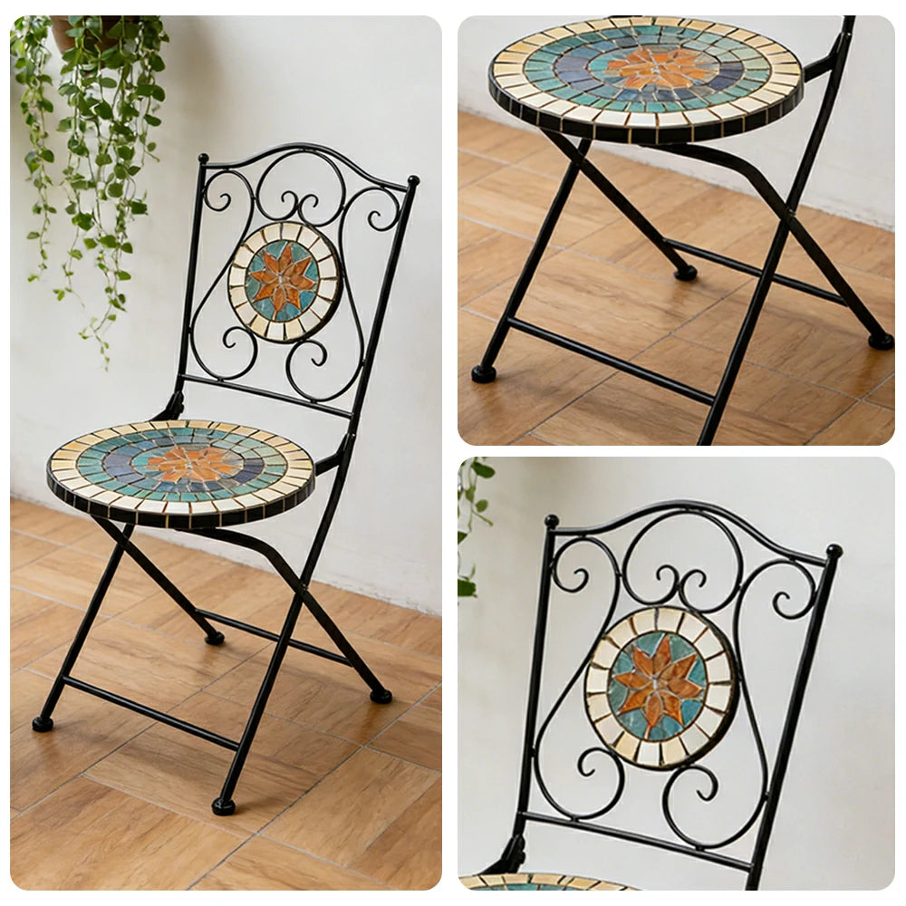 SOLARA Outdoor Folding Chairs Set of 2 - Weather Resistant Patio Armchairs with Decorative Tile Seat and Heavy Duty Steel Frame - Black