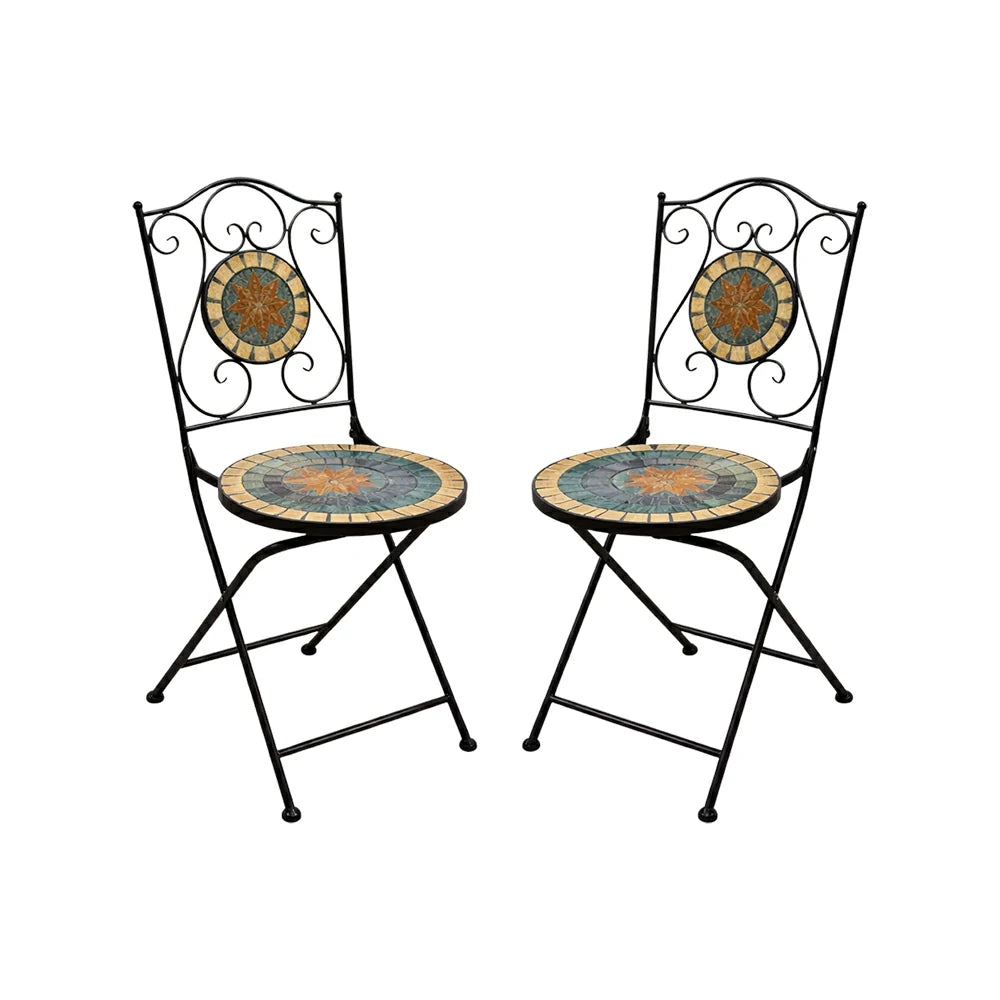 SOLARA Outdoor Folding Chairs Set of 2 - Weather Resistant Patio Armchairs with Decorative Tile Seat and Heavy Duty Steel Frame - Black