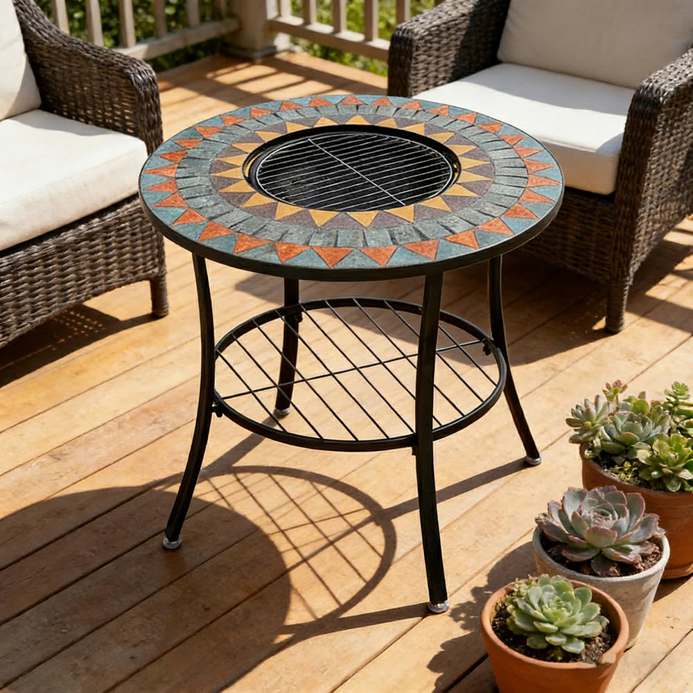 SOLARA 80/100cm Outdoor Fire Pit Table - 3 in 1 BBQ Grill & Heating Table with Stainless Steel Grill Mesh and Ceramic Tile Top