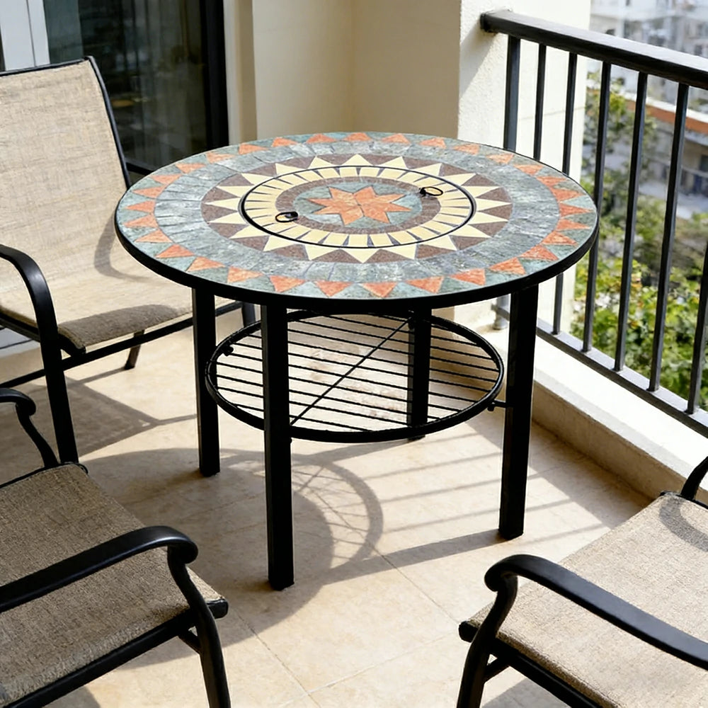 SOLARA 80/100cm Outdoor Fire Pit Table - 3 in 1 BBQ Grill & Heating Table with Stainless Steel Grill Mesh and Ceramic Tile Top