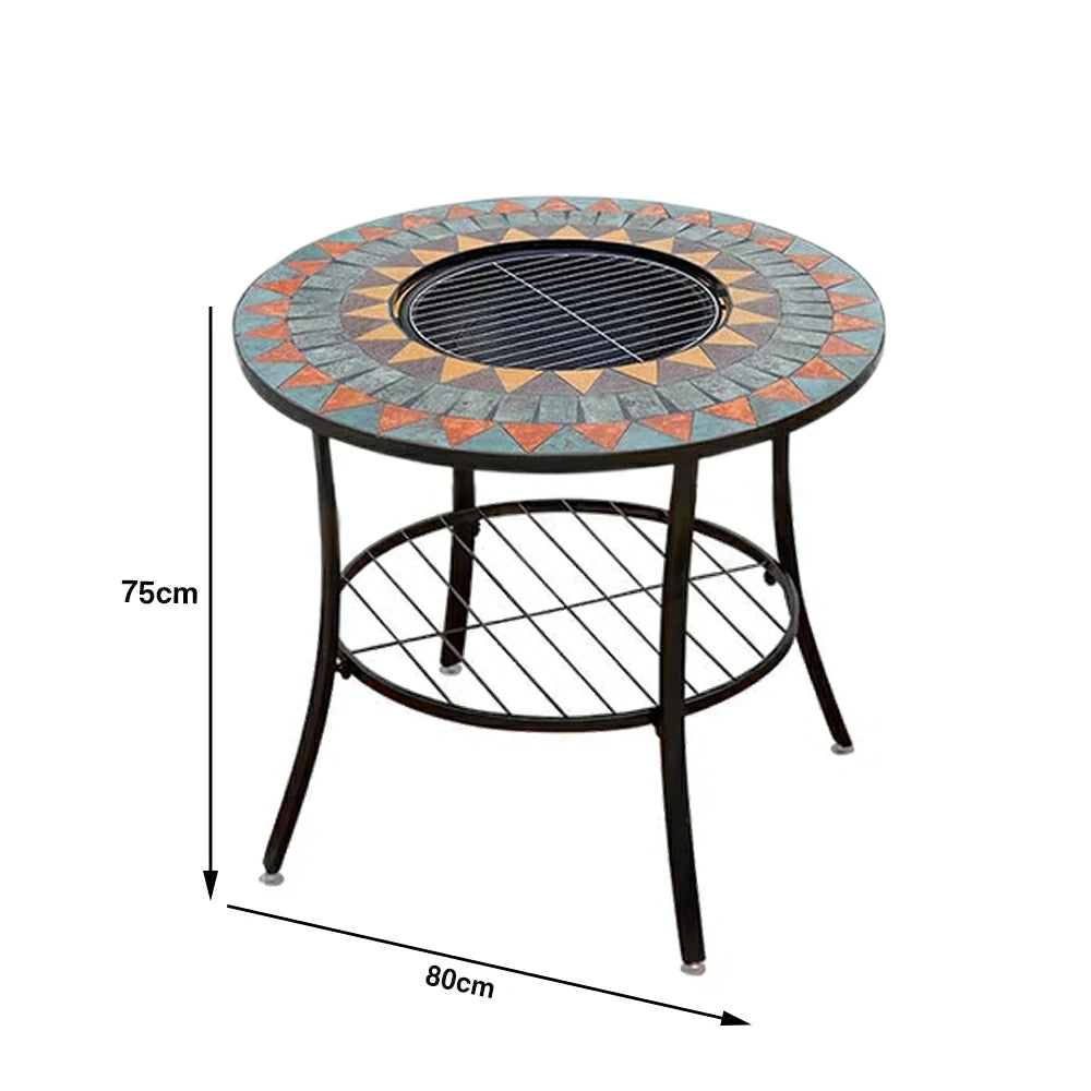SOLARA 80/100cm Outdoor Fire Pit Table - 3 in 1 BBQ Grill & Heating Table with Stainless Steel Grill Mesh and Ceramic Tile Top