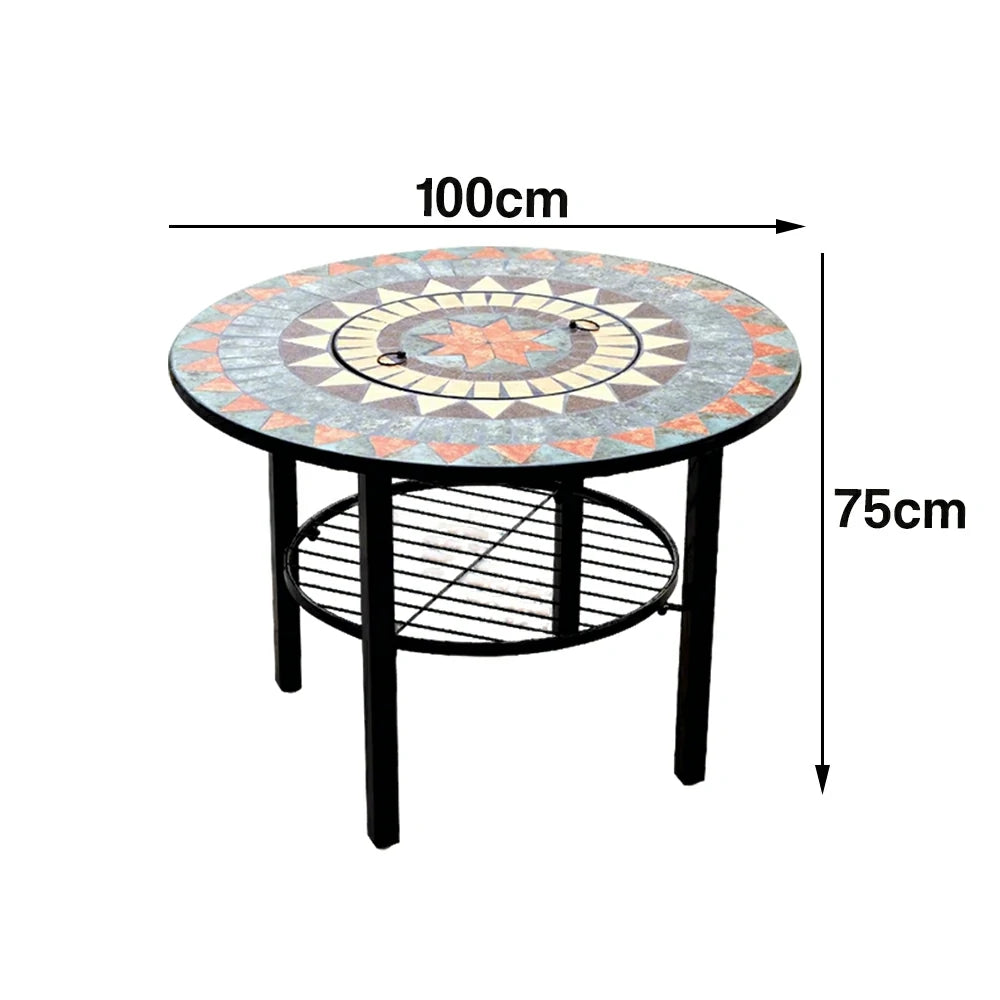 SOLARA 80/100cm Outdoor Fire Pit Table - 3 in 1 BBQ Grill & Heating Table with Stainless Steel Grill Mesh and Ceramic Tile Top