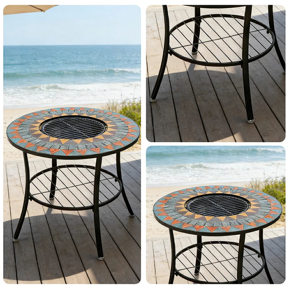SOLARA 80/100cm Outdoor Fire Pit Table - 3 in 1 BBQ Grill & Heating Table with Stainless Steel Grill Mesh and Ceramic Tile Top