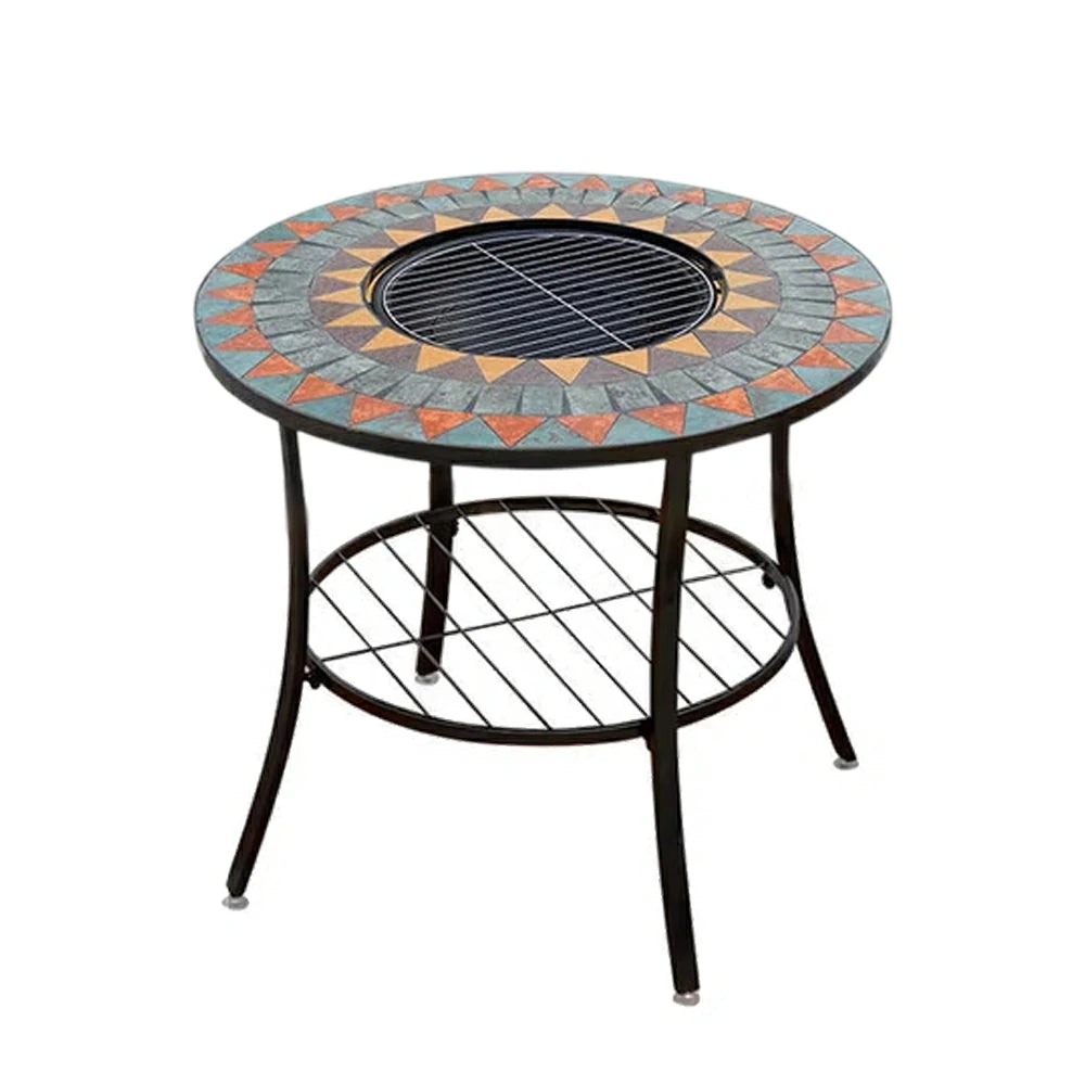 SOLARA 80/100cm Outdoor Fire Pit Table - 3 in 1 BBQ Grill & Heating Table with Stainless Steel Grill Mesh and Ceramic Tile Top