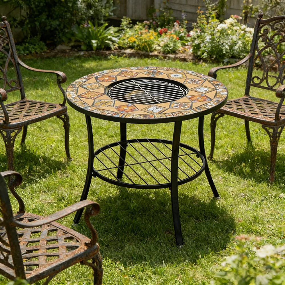 SOLARA 80/100cm Outdoor Fire Pit Table - 3 in 1 BBQ Grill Table with Stainless Steel Grill and Ceramic Tile Surface