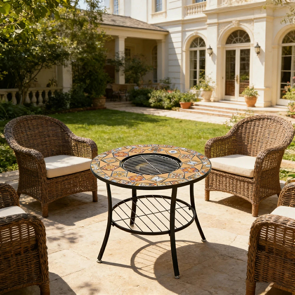 SOLARA 80/100cm Outdoor Fire Pit Table - 3 in 1 BBQ Grill Table with Stainless Steel Grill and Ceramic Tile Surface