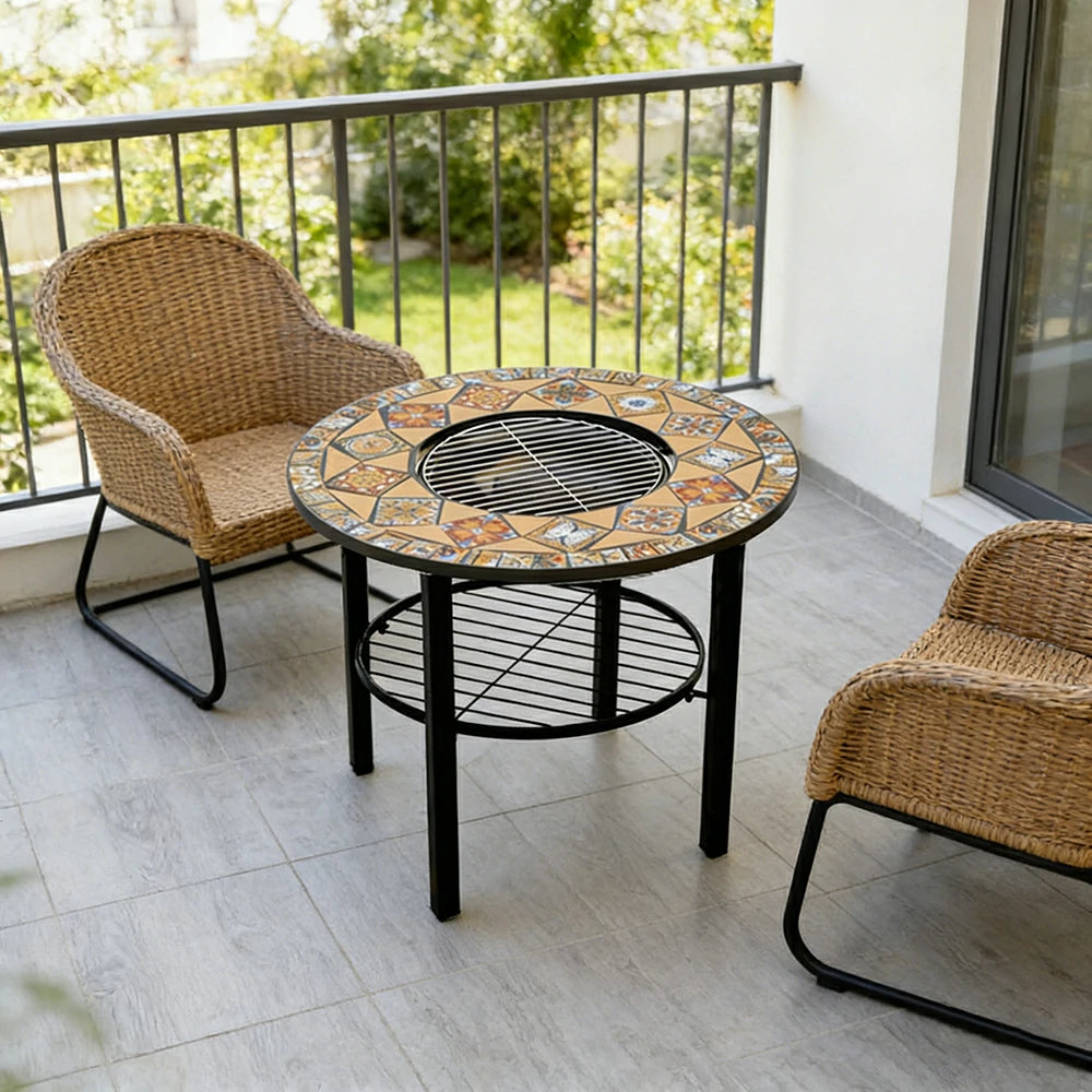 SOLARA 80/100cm Outdoor Fire Pit Table - 3 in 1 BBQ Grill Table with Stainless Steel Grill and Ceramic Tile Surface