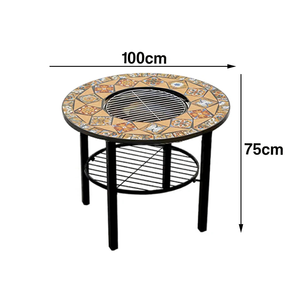 SOLARA 80/100cm Outdoor Fire Pit Table - 3 in 1 BBQ Grill Table with Stainless Steel Grill and Ceramic Tile Surface