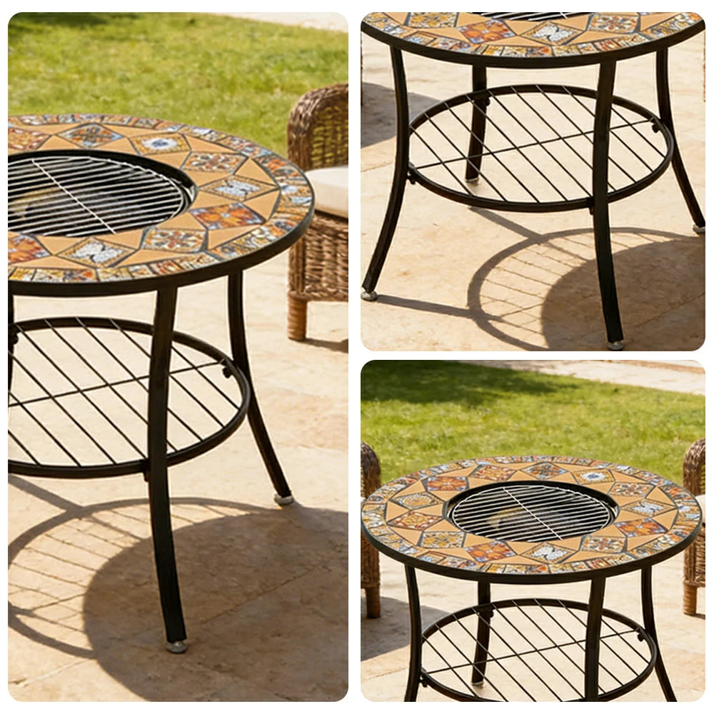 SOLARA 80/100cm Outdoor Fire Pit Table - 3 in 1 BBQ Grill Table with Stainless Steel Grill and Ceramic Tile Surface