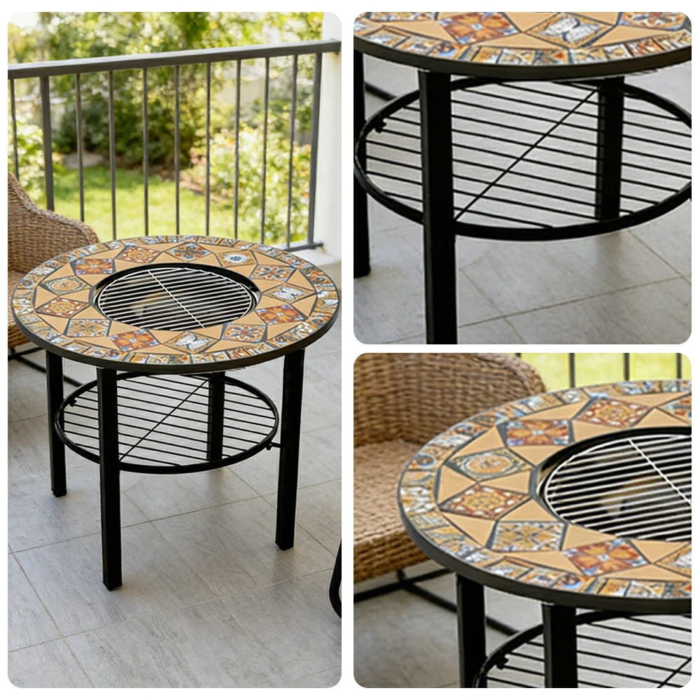 SOLARA 80/100cm Outdoor Fire Pit Table - 3 in 1 BBQ Grill Table with Stainless Steel Grill and Ceramic Tile Surface