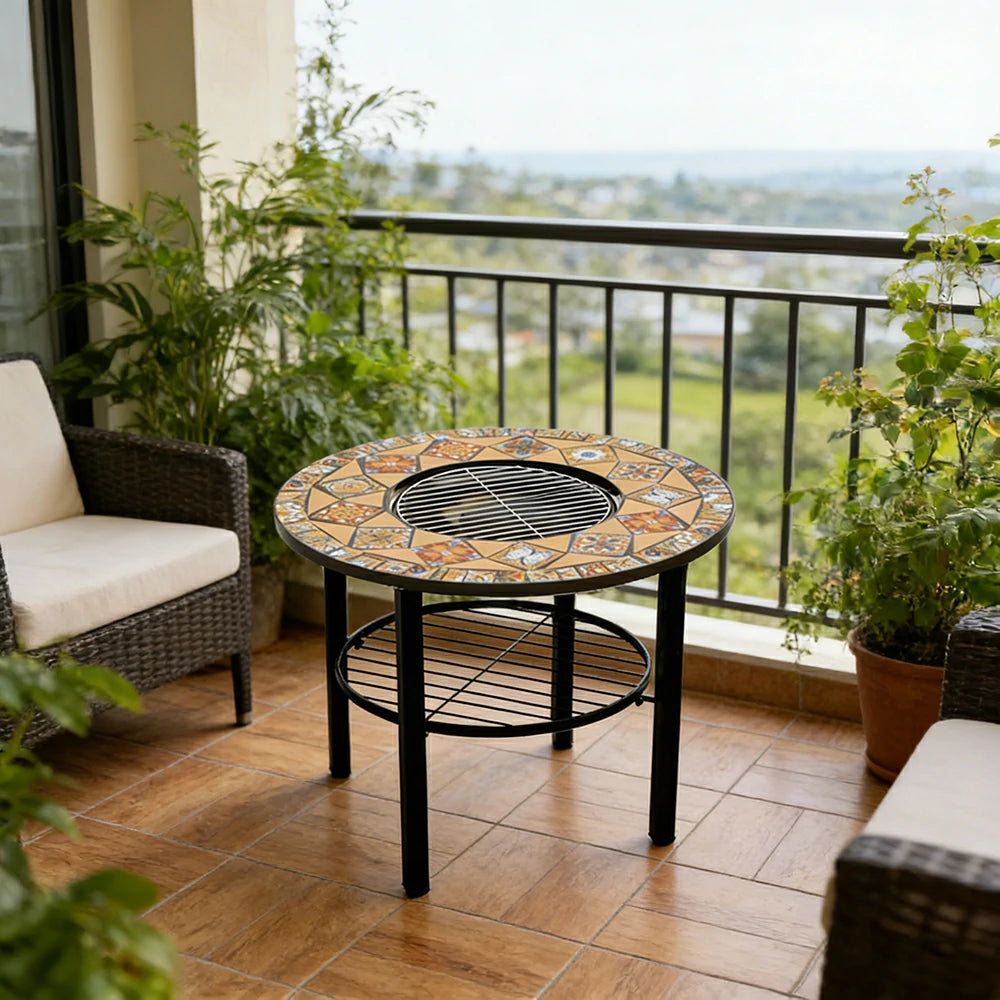 SOLARA 80/100cm Outdoor Fire Pit Table - 3 in 1 BBQ Grill Table with Stainless Steel Grill and Ceramic Tile Surface