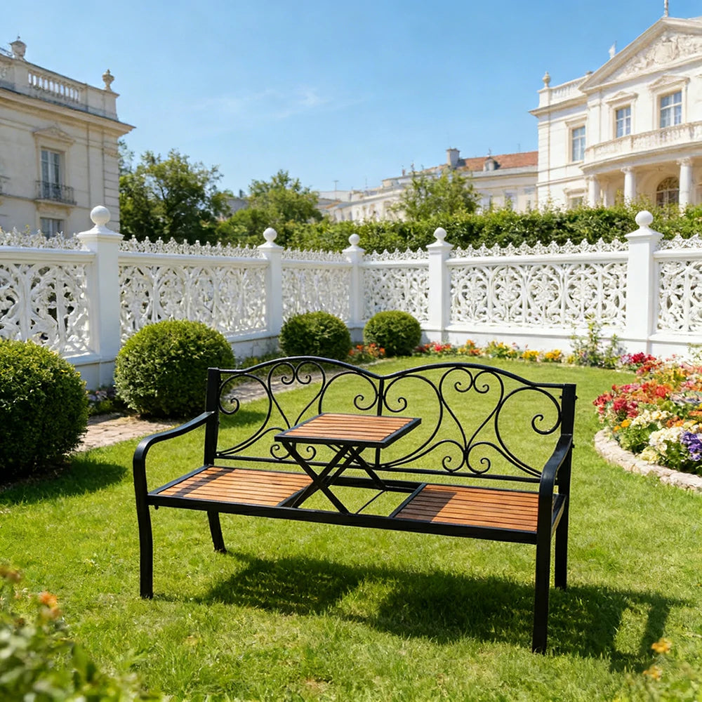 SOLARA Outdoor Patio Bench - Lift Up Table Convertible Bench with Durable Metal Frame, Vintage Garden Design