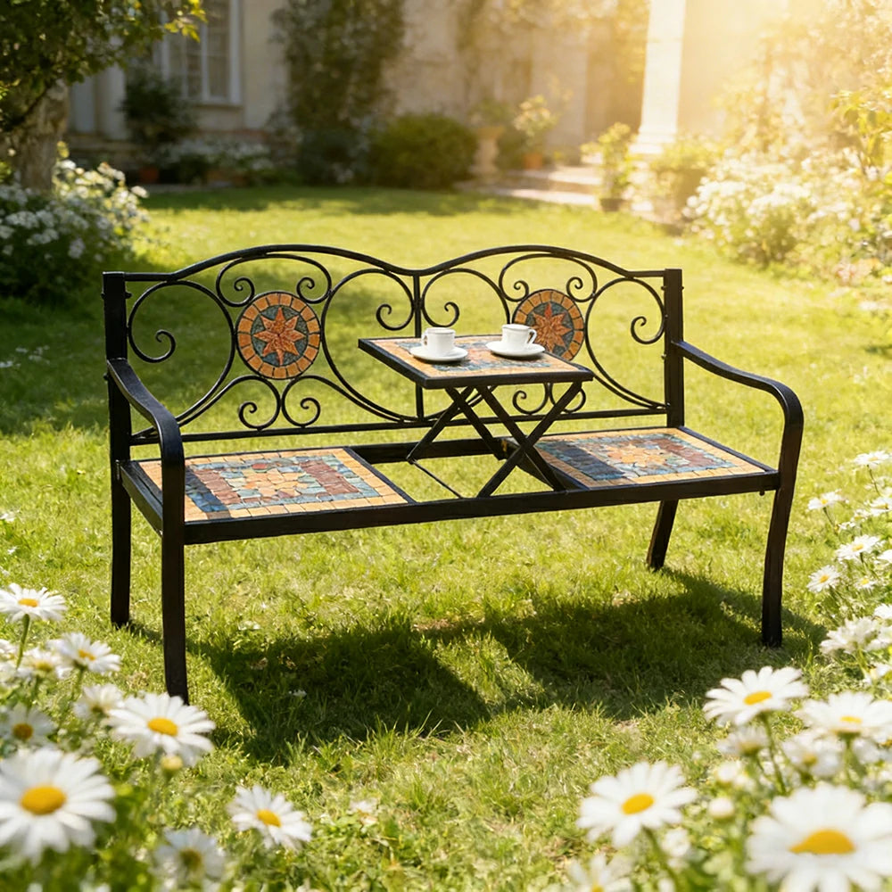 SOLARA Outdoor Garden Bench with Lift Up Table - Convertible Patio Bench with Metal Frame and Vintage Design