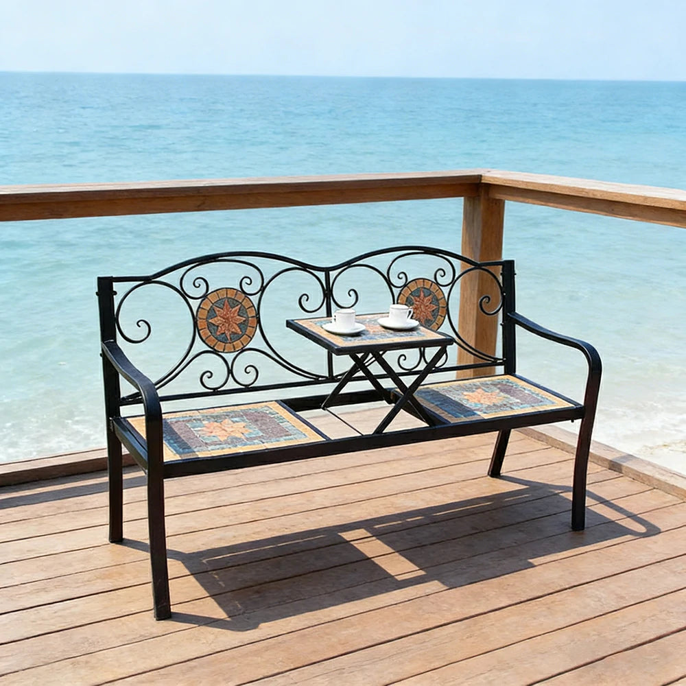 SOLARA Outdoor Garden Bench with Lift Up Table - Convertible Patio Bench with Metal Frame and Vintage Design