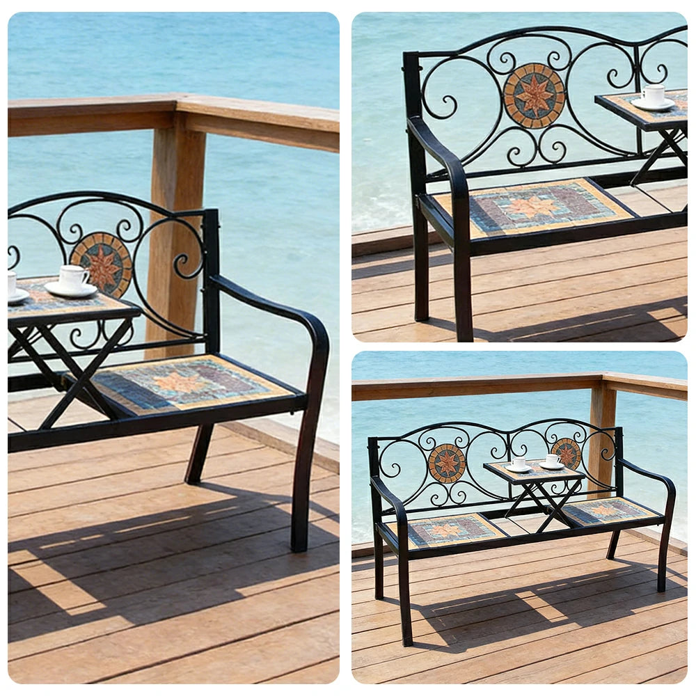 SOLARA Outdoor Garden Bench with Lift Up Table - Convertible Patio Bench with Metal Frame and Vintage Design