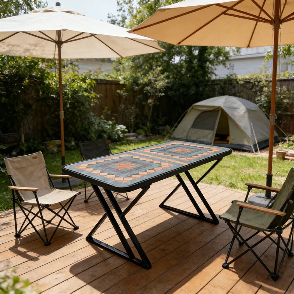 SOLARA 120/150cm Outdoor Patio Table - Weather Resistant Garden Table with Ceramic Tile Top and Stainless Steel Frame - Black&Yellow