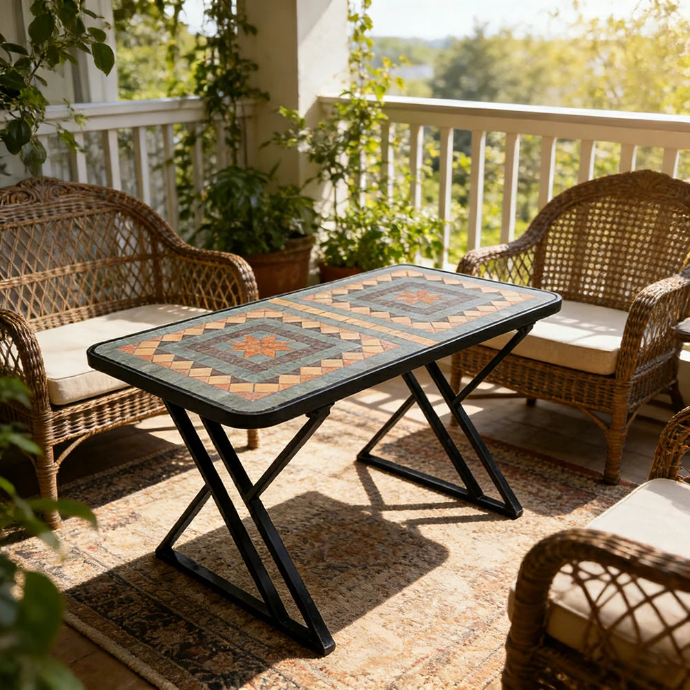 SOLARA 120/150cm Outdoor Patio Table - Weather Resistant Garden Table with Ceramic Tile Top and Stainless Steel Frame - Black&Yellow