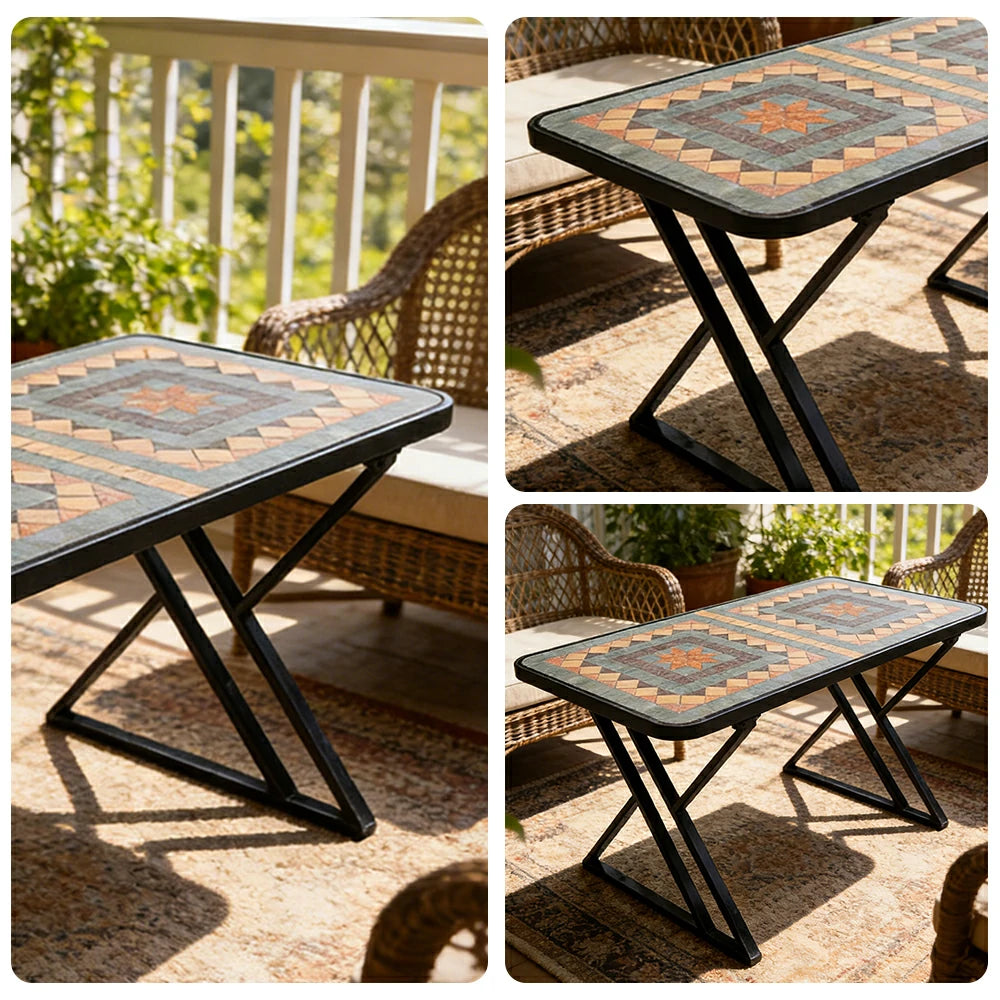 SOLARA 120/150cm Outdoor Patio Table - Weather Resistant Garden Table with Ceramic Tile Top and Stainless Steel Frame - Black&Yellow