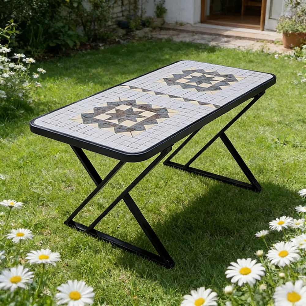 SOLARA 120/150cm Outdoor Patio Table - Weather Resistant Garden Table with Ceramic Tile Top and Stainless Steel Frame - Black&Grey