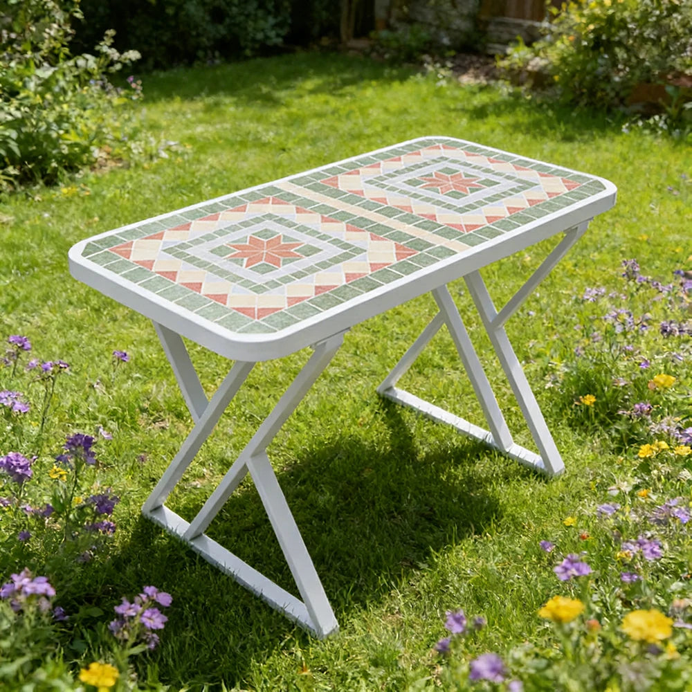 SOLARA 120/150cm Outdoor Patio Table - Weather Resistant Garden Table with Ceramic Tile Top and Stainless Steel Frame - White&Green
