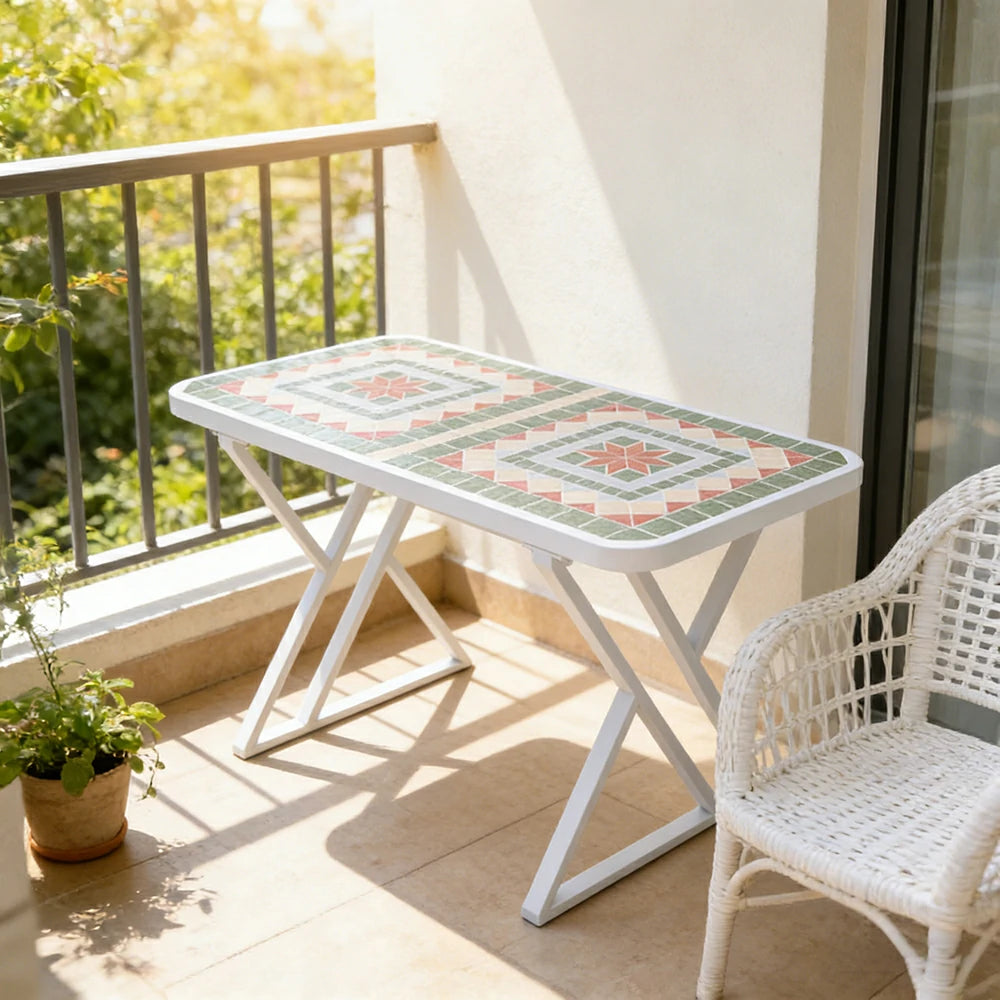 SOLARA 120/150cm Outdoor Patio Table - Weather Resistant Garden Table with Ceramic Tile Top and Stainless Steel Frame - White&Green