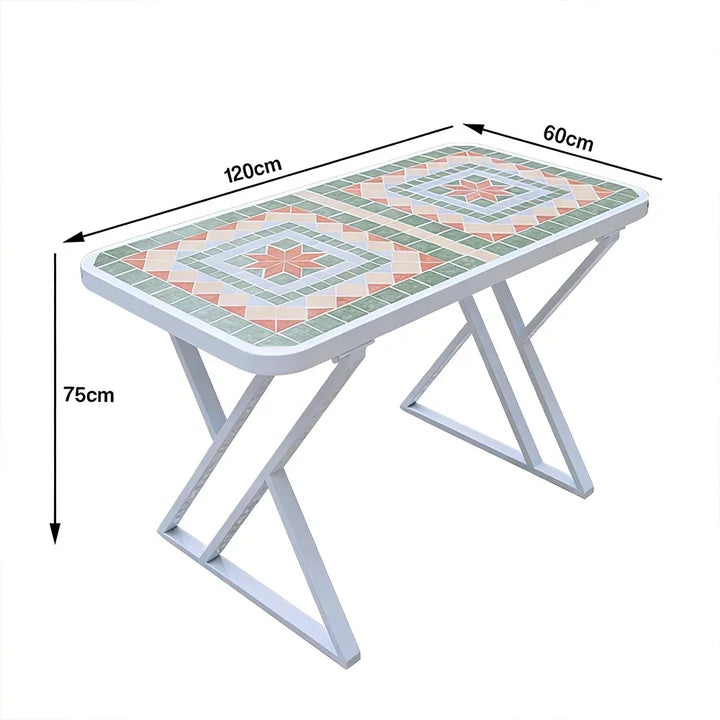 SOLARA 120/150cm Outdoor Patio Table - Weather Resistant Garden Table with Ceramic Tile Top and Stainless Steel Frame - White&Green