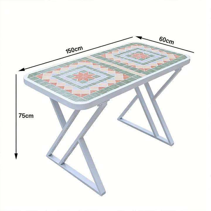 SOLARA 120/150cm Outdoor Patio Table - Weather Resistant Garden Table with Ceramic Tile Top and Stainless Steel Frame - White&Green