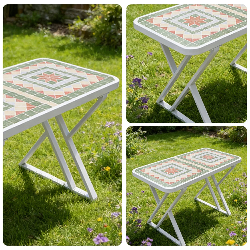 SOLARA 120/150cm Outdoor Patio Table - Weather Resistant Garden Table with Ceramic Tile Top and Stainless Steel Frame - White&Green
