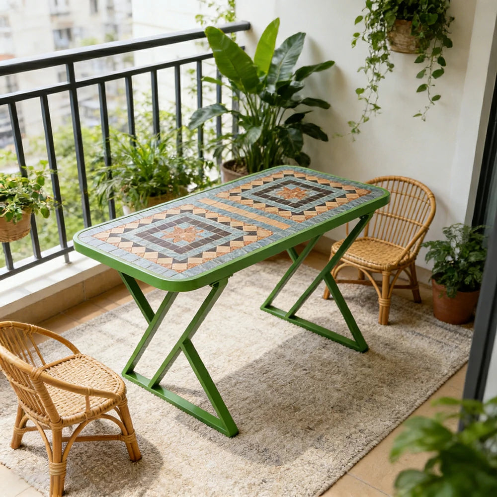 SOLARA 120/150cm Outdoor Patio Table - Weather Resistant Garden Table with Ceramic Tile Top and Stainless Steel Frame - Green