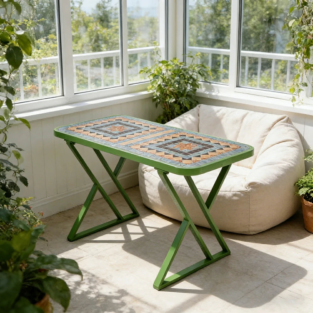 SOLARA 120/150cm Outdoor Patio Table - Weather Resistant Garden Table with Ceramic Tile Top and Stainless Steel Frame - Green