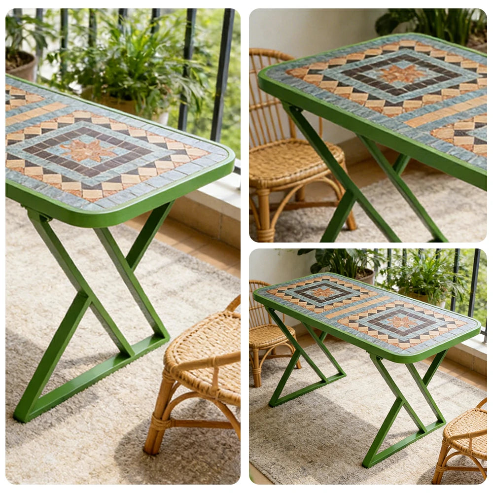 SOLARA 120/150cm Outdoor Patio Table - Weather Resistant Garden Table with Ceramic Tile Top and Stainless Steel Frame - Green