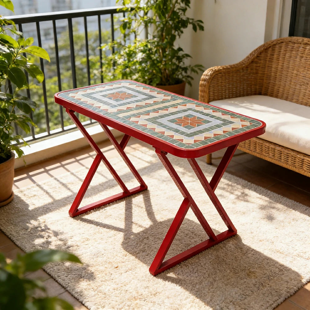 SOLARA 120/150cm Outdoor Patio Table - Weather Resistant Garden Table with Ceramic Tile Top and Stainless Steel Frame - Red