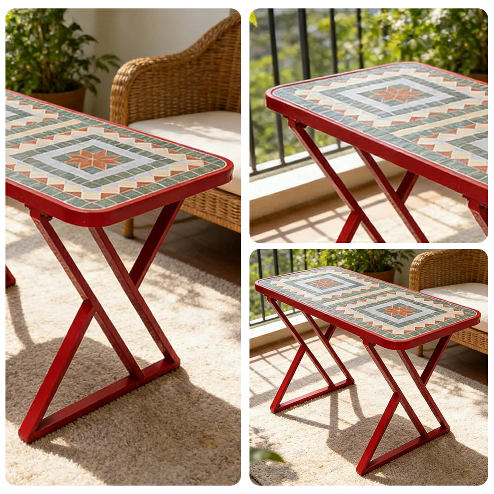 SOLARA 120/150cm Outdoor Patio Table - Weather Resistant Garden Table with Ceramic Tile Top and Stainless Steel Frame - Red