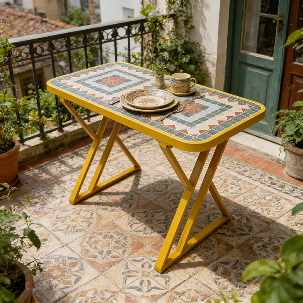SOLARA 120/150cm Outdoor Patio Table - Weather Resistant Garden Table with Ceramic Tile Top and Stainless Steel Frame - Yellow