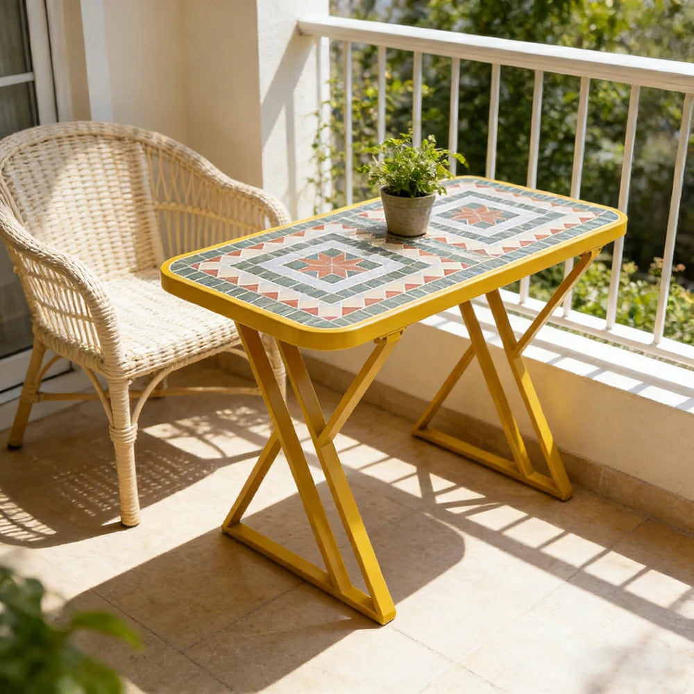 SOLARA 120/150cm Outdoor Patio Table - Weather Resistant Garden Table with Ceramic Tile Top and Stainless Steel Frame - Yellow