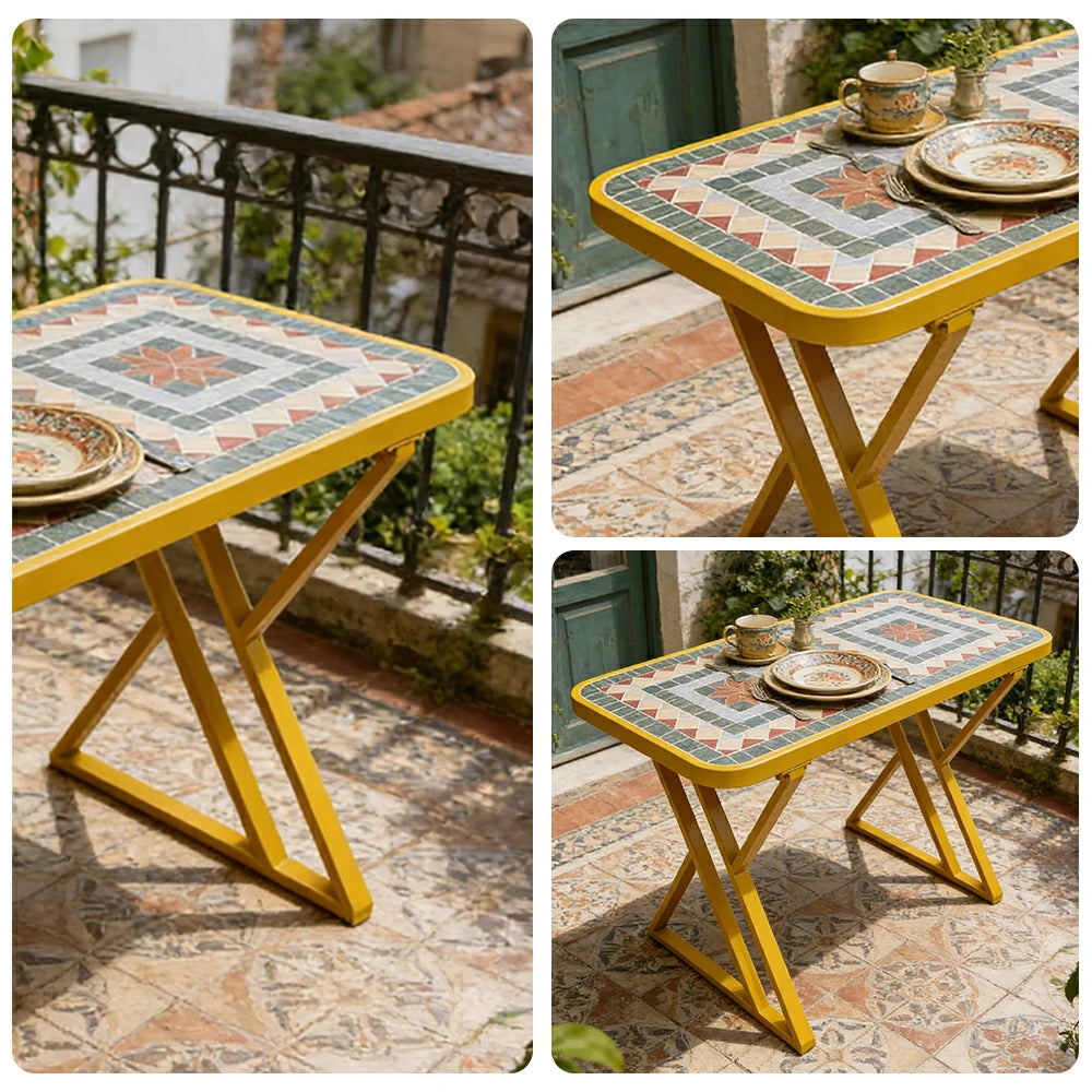 SOLARA 120/150cm Outdoor Patio Table - Weather Resistant Garden Table with Ceramic Tile Top and Stainless Steel Frame - Yellow