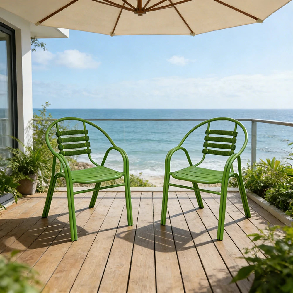 SOLARA Outdoor Patio Chairs Set of 2 - Weather Resistant Garden Chairs with Breathable Slatted Seat and Durable Steel Frame - Green