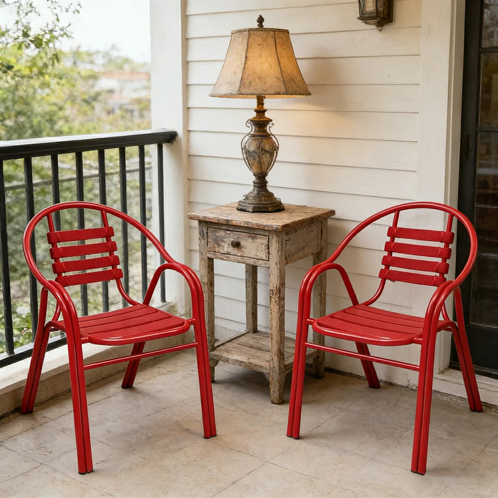 SOLARA Outdoor Patio Chairs Set of 2 - Weather Resistant Garden Chairs with Breathable Slatted Seat and Durable Steel Frame - Red