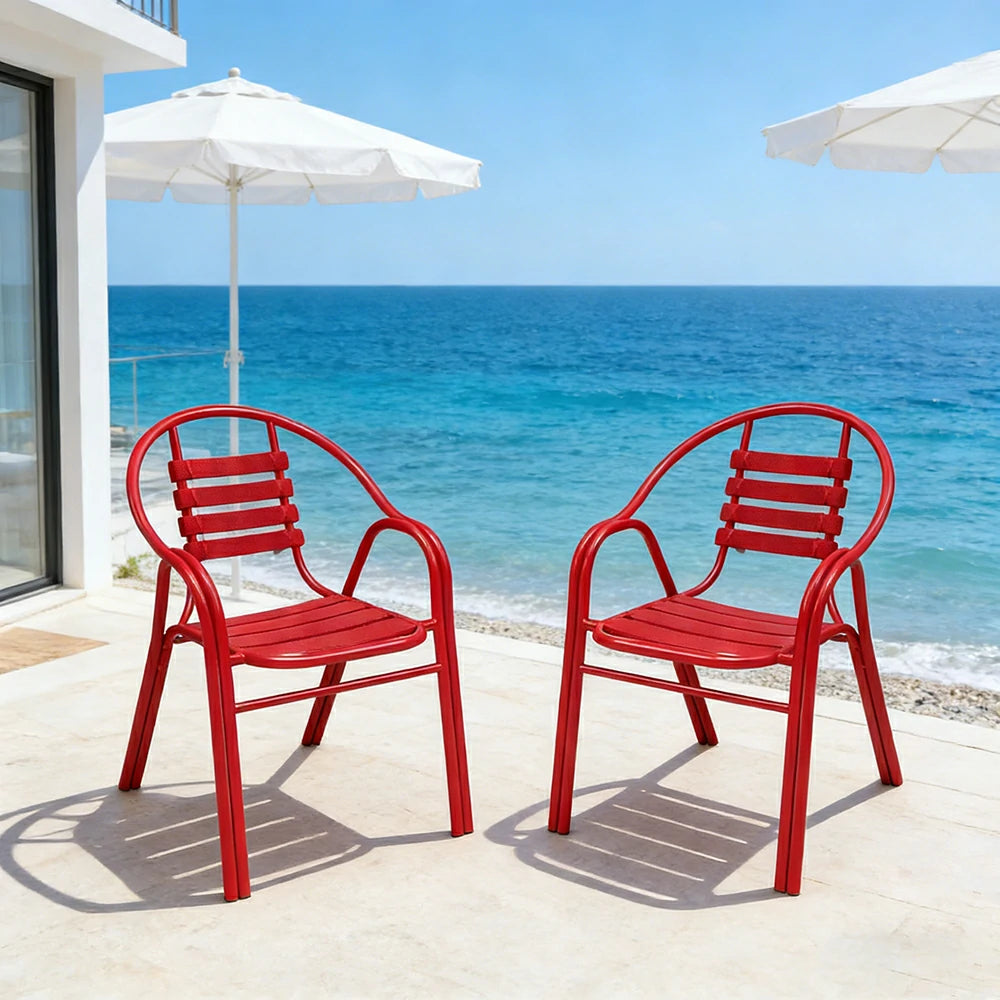SOLARA Outdoor Patio Chairs Set of 2 - Weather Resistant Garden Chairs with Breathable Slatted Seat and Durable Steel Frame - Red