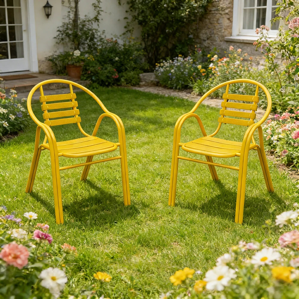 SOLARA Outdoor Patio Chairs Set of 2 - Weather Resistant Garden Chairs with Breathable Slatted Seat and Durable Steel Frame - Yellow