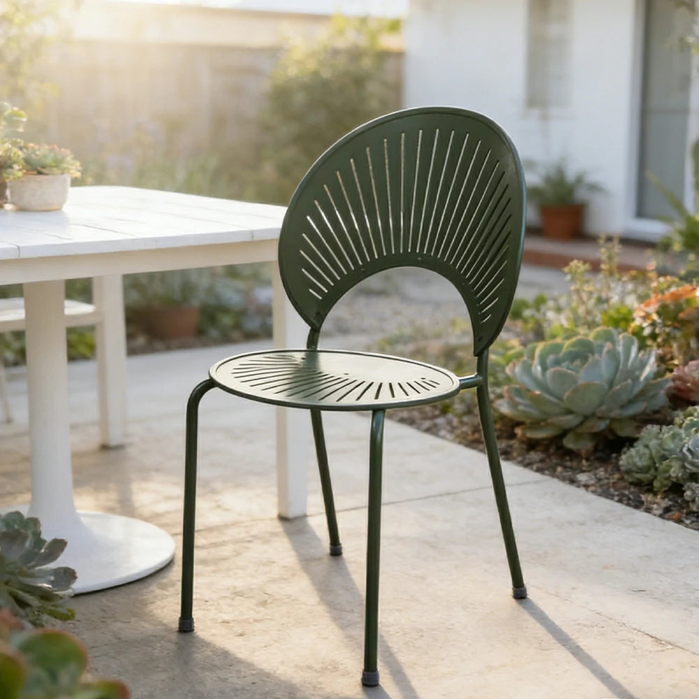 SOLARA Outdoor Dining Chair - Ergonomic Curved Shell Backrest, Breathable Hollow Design, Durable Aluminium Frame, Weather-Resistant Patio Seating - Green