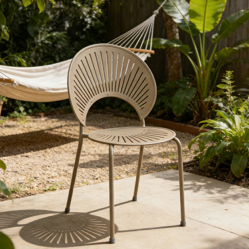SOLARA Outdoor Dining Chair - Ergonomic Curved Shell Backrest, Breathable Hollow Design, Durable Aluminium Frame, Weather-Resistant Patio Seating - Khaki