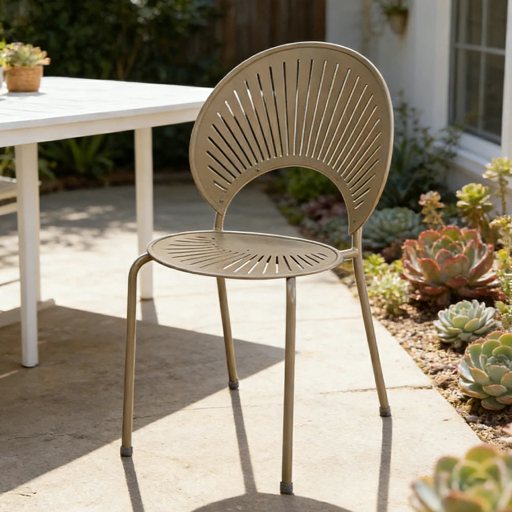 SOLARA Outdoor Dining Chair - Ergonomic Curved Shell Backrest, Breathable Hollow Design, Durable Aluminium Frame, Weather-Resistant Patio Seating - Khaki